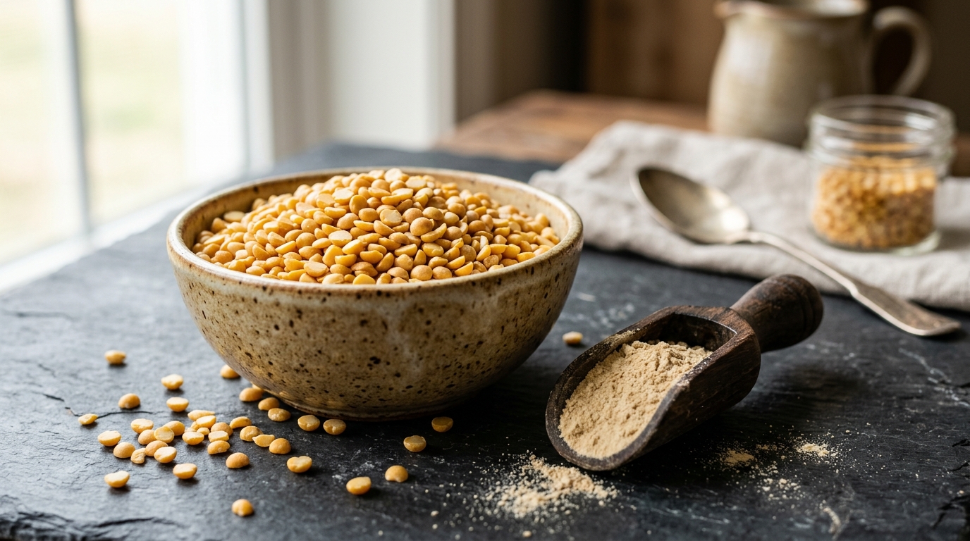 Golden yellow split peas and pure pea protein powder scoop