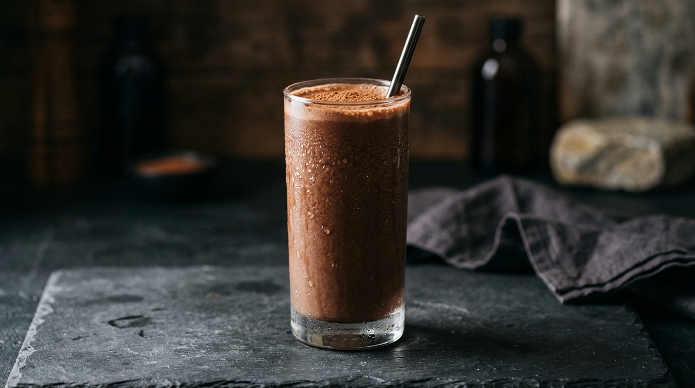 Rich chocolate plant protein shake in a glass