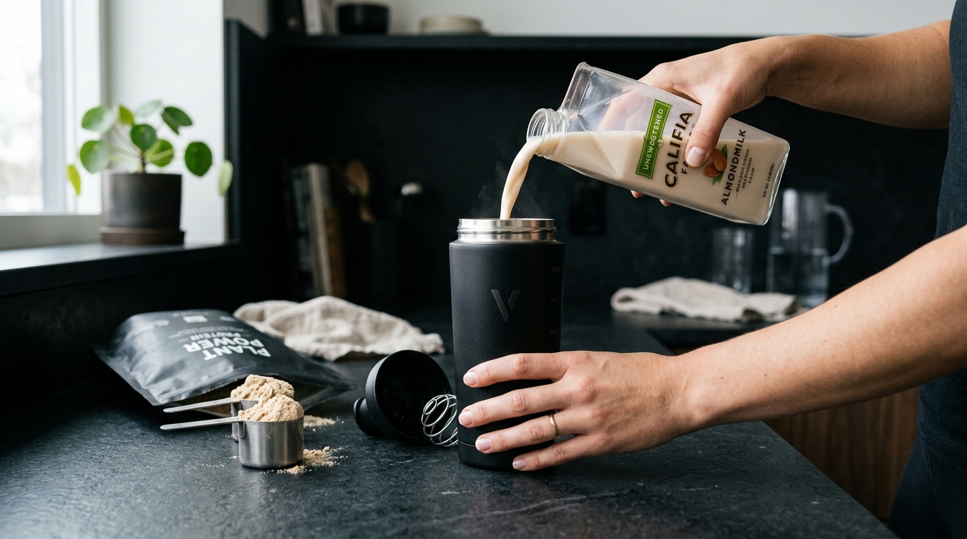 Preparing a plant protein shake with almond milk